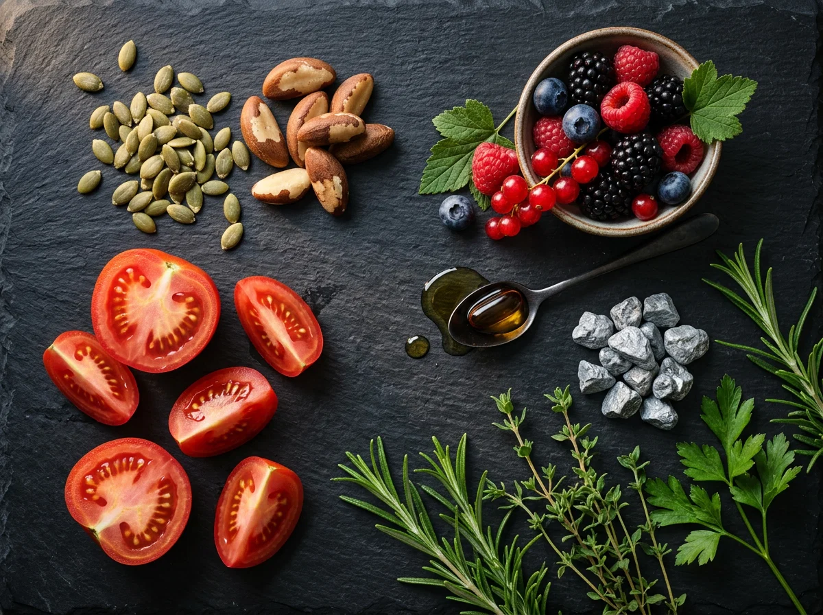 Flat lay of pumpkin seeds, tomatoes, Brazil nuts and zinc-rich foods - pumpkin seed extract supplement benefits and lycopene antioxidant for men