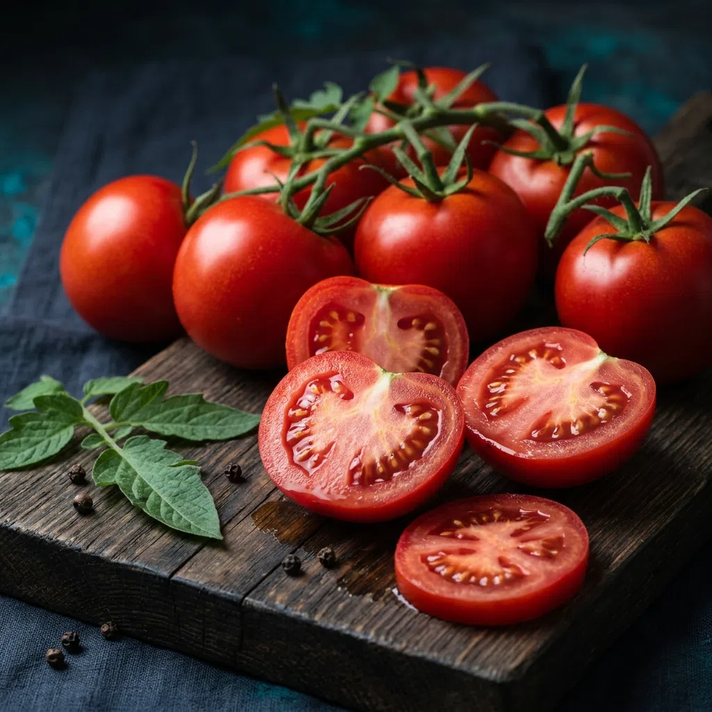 Fresh ripe tomatoes on dark wood - lycopene supplement antioxidant for men