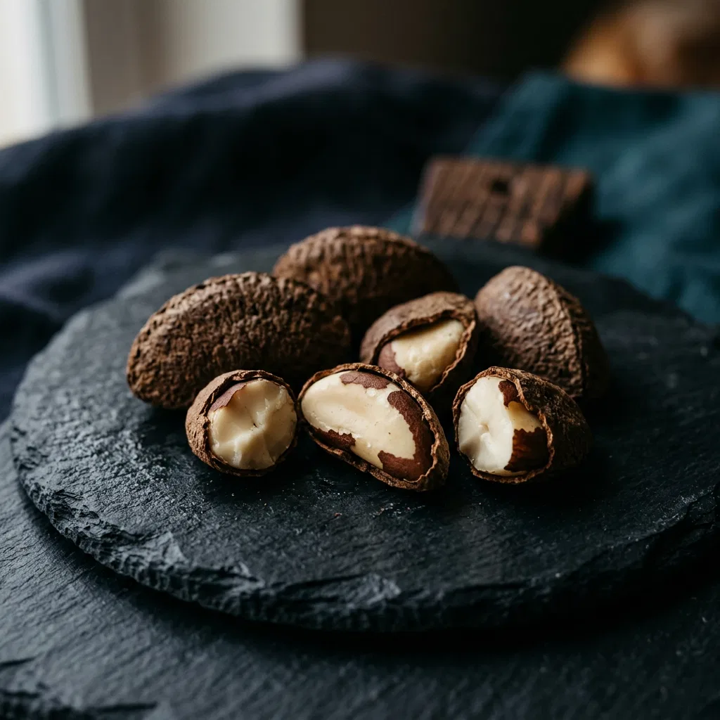 Brazil nuts and selenium foods on dark slate - selenium and vitamin E for men's health